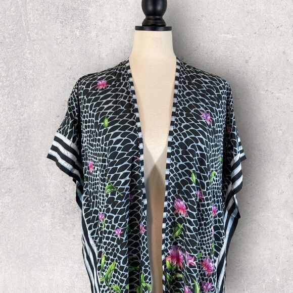 Anthropologie Printed Duster Kimono Blue Floral Stripe Open Front, One Size - Picture 3 of 10